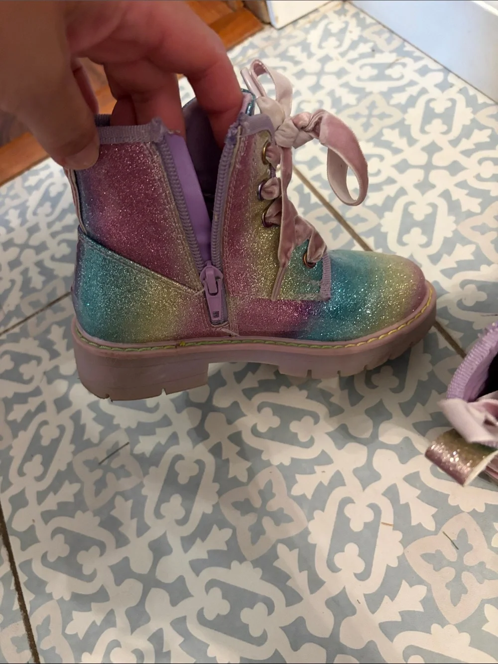 Kids Glitter Rainbow Lace-Up Boots - Multicolor